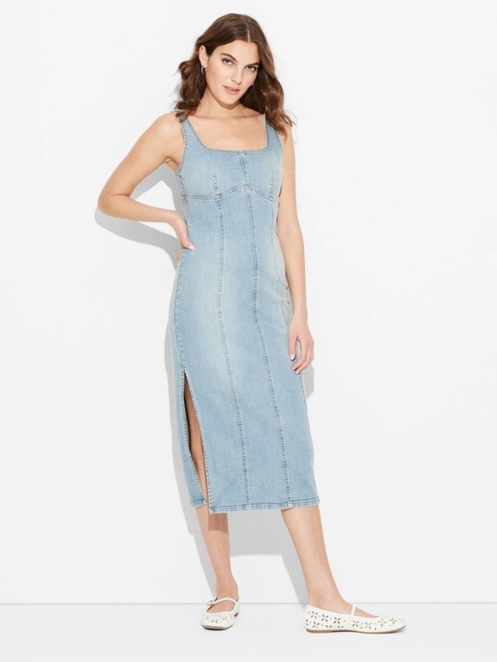 wild fable Square-Neck Denim Midi Dress in Medium Wash Corset Bodycon NWT XL